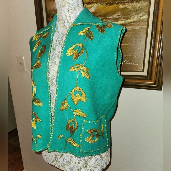 Vintage 1970s Golden Silk Thread Embroidered Wool Vest - Picture 8 of 14